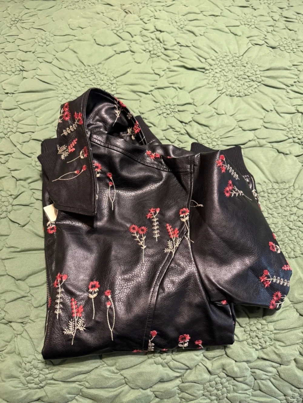 ✨ Anthropologie Faux Leather Floral-Embroidered Bomber Jacket Sz L